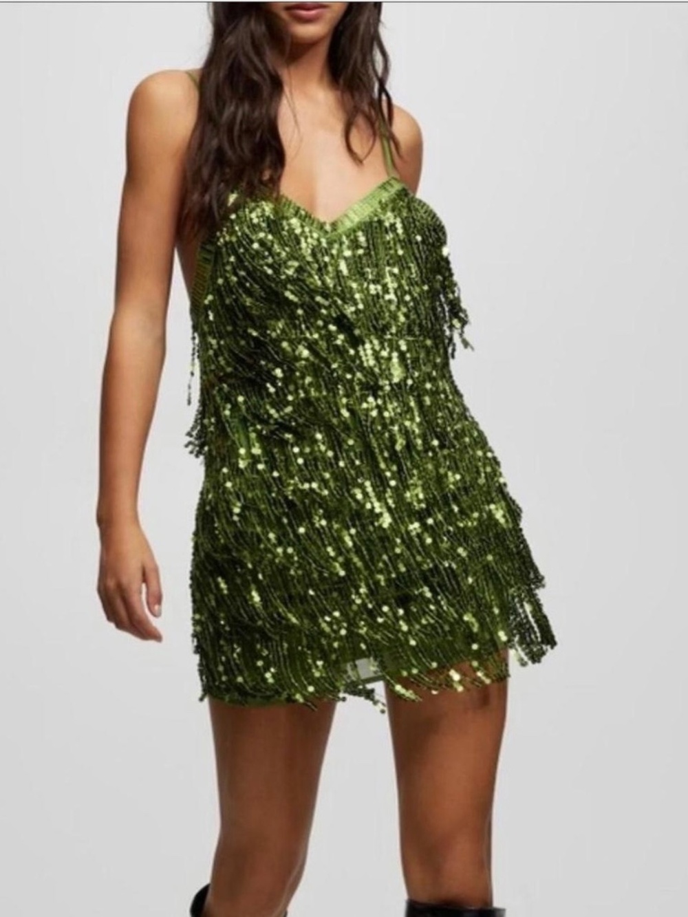 Pull&Bear Night Out Sequins Tassel Party Mini Dress Green SZ L